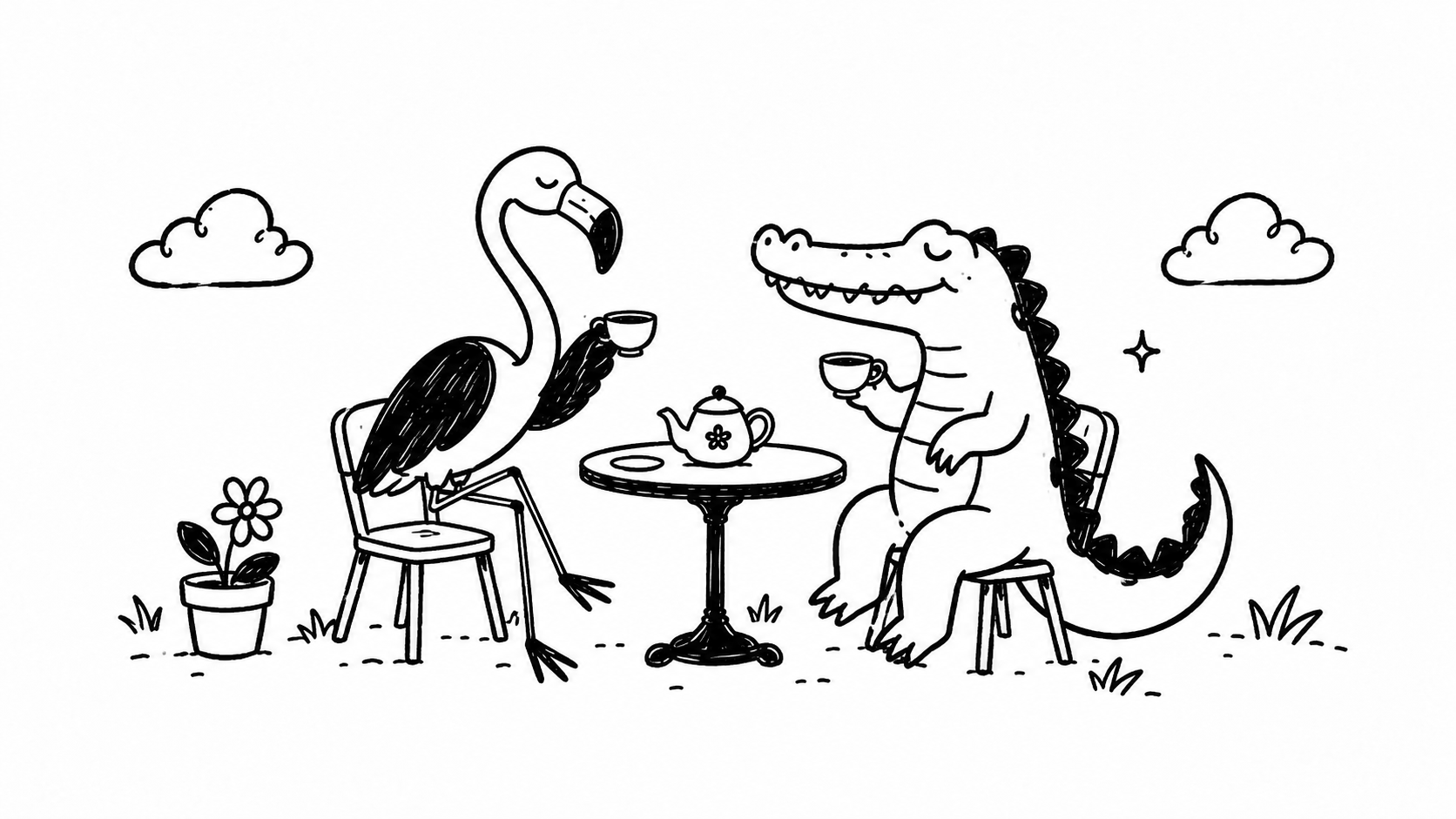 A flamingo and crocodile sharing tea at a small table