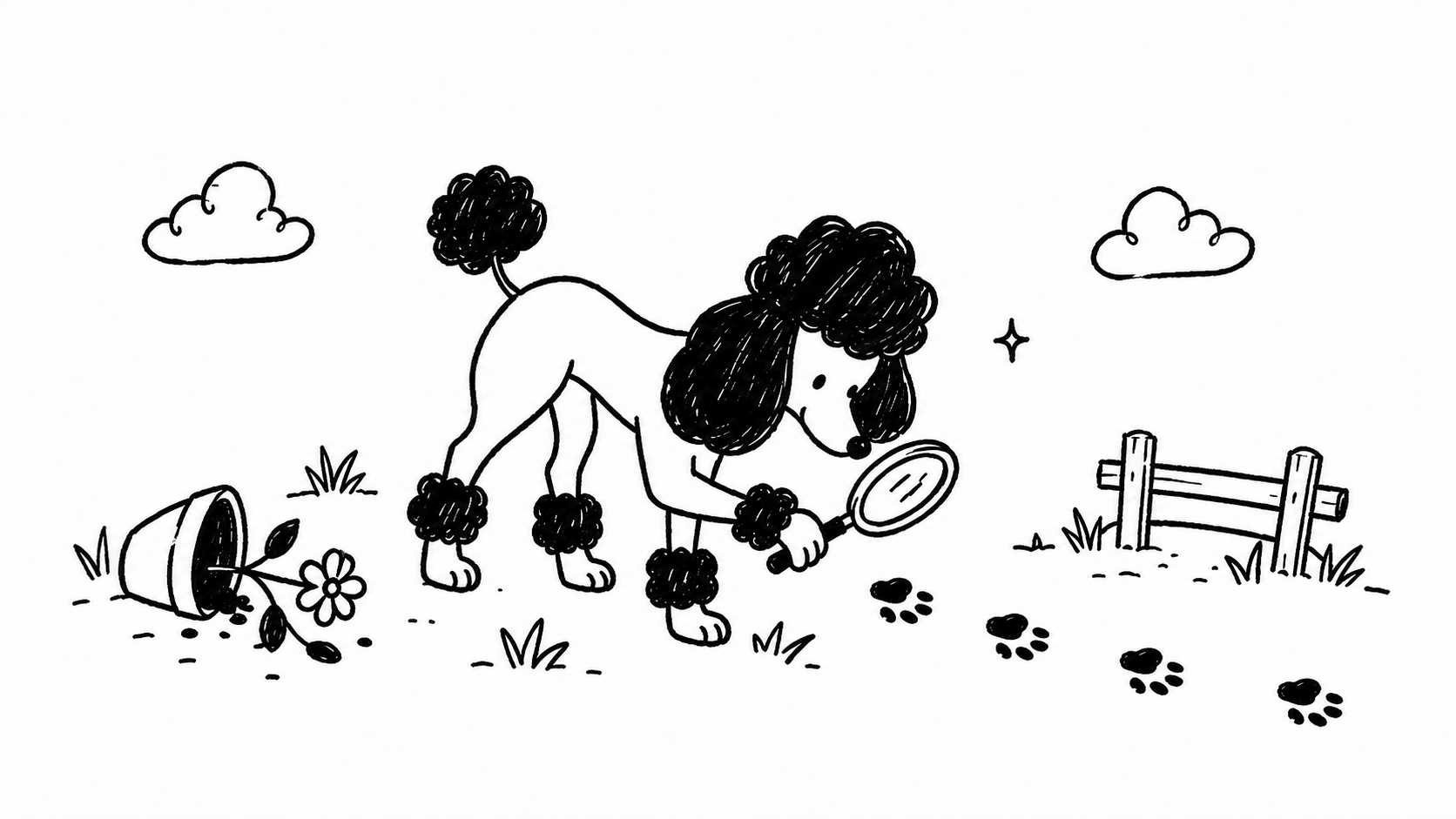 A curious poodle searching with a magnifying glass